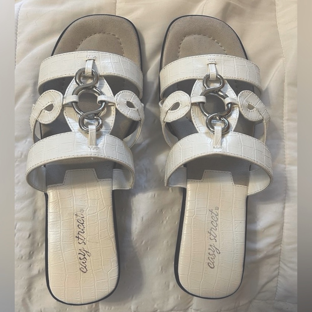 easy street White Croc-Embossed Slip-On Sandals with Silver Rings